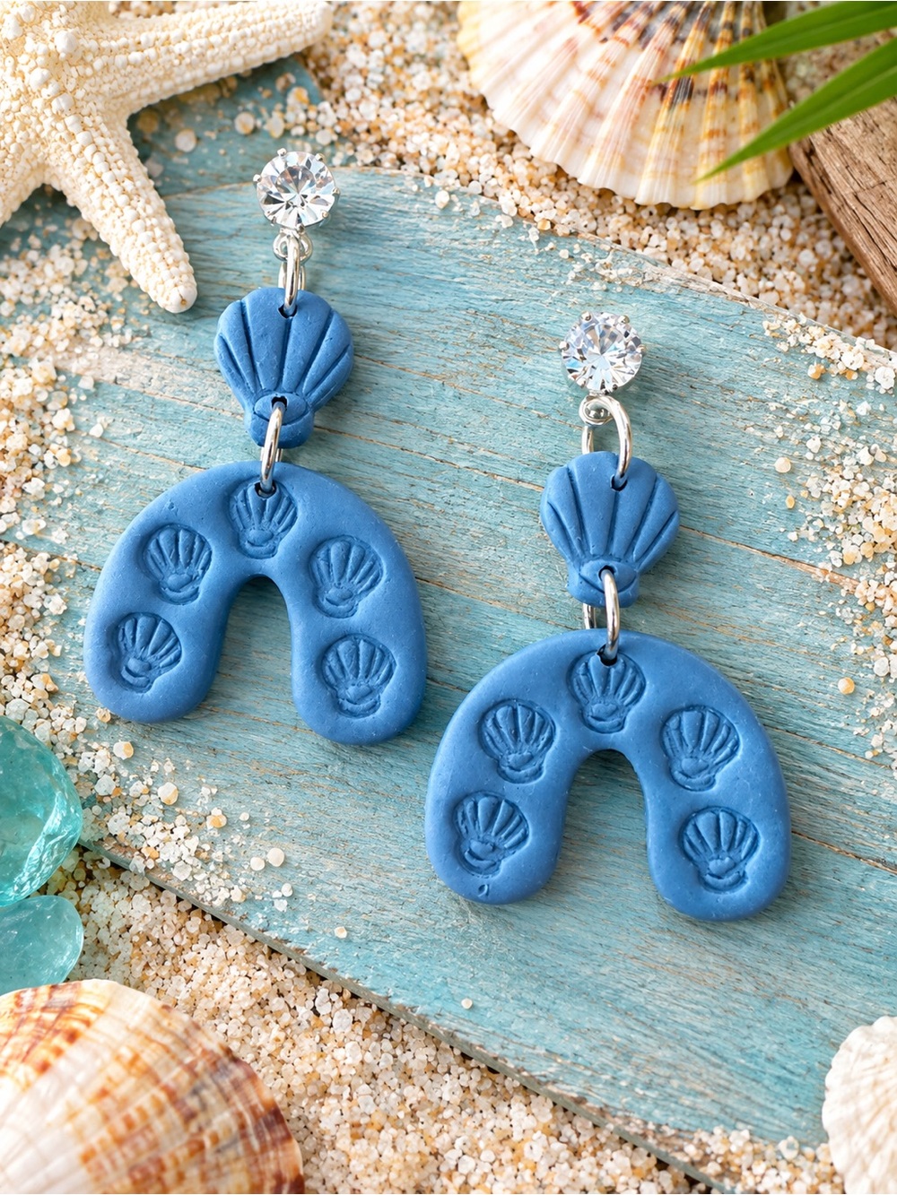 Blue Seashell Dangle Handmade Polymer Clay Earrings
